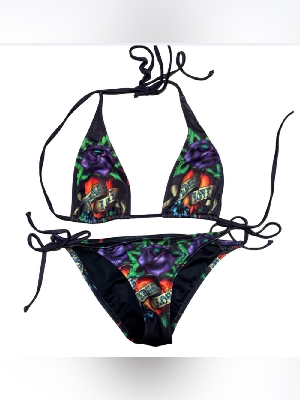 ED HARDY Vintage Y2K Rare Eternal Love Rose String Triangle Bikini Set size M